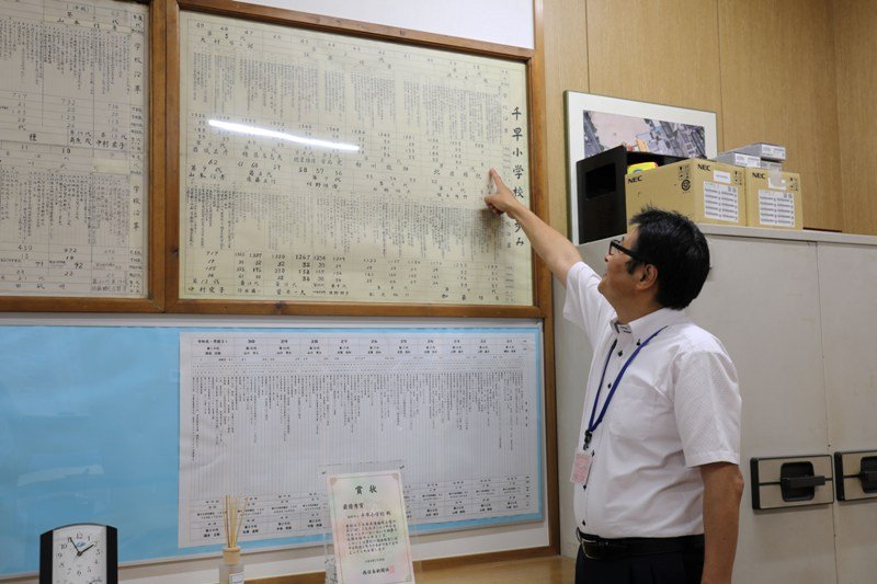 「福岡市立千早小学校」の歴史を説明する猪迫校長先生